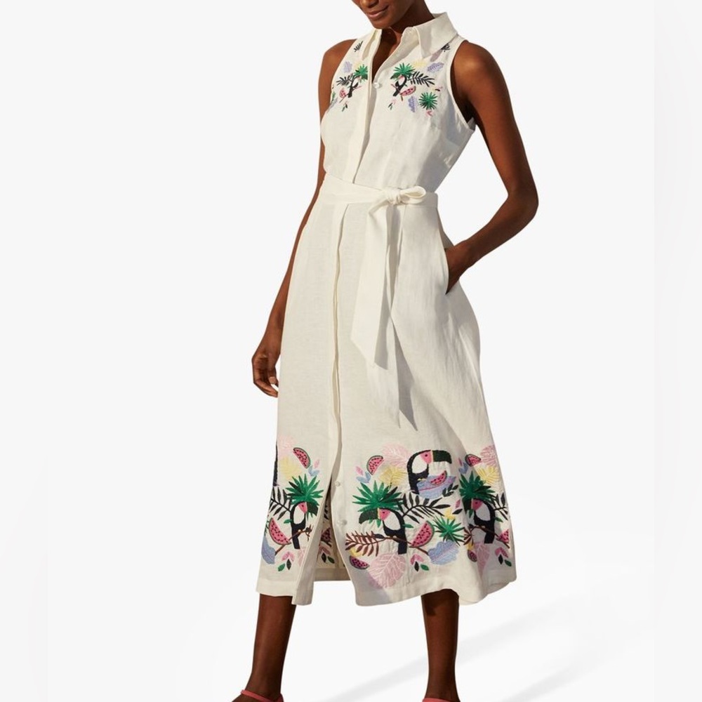 EUC Boden Kate Embroidered Linen Shirt Dress, Ivory/Multi